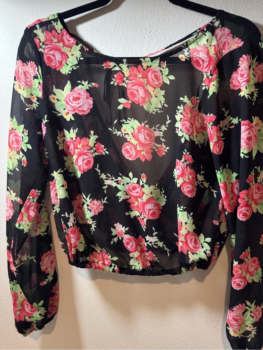 GUESS Black Sheer Blouse with Pink Rose Print